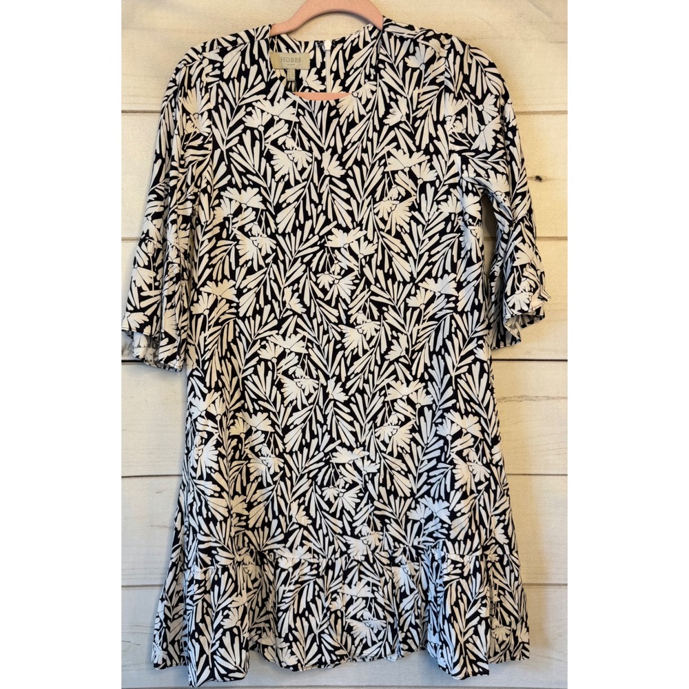 Hobbs London Black White Floral Flounce Shift Dress 2 Bell Sleeve Botanical